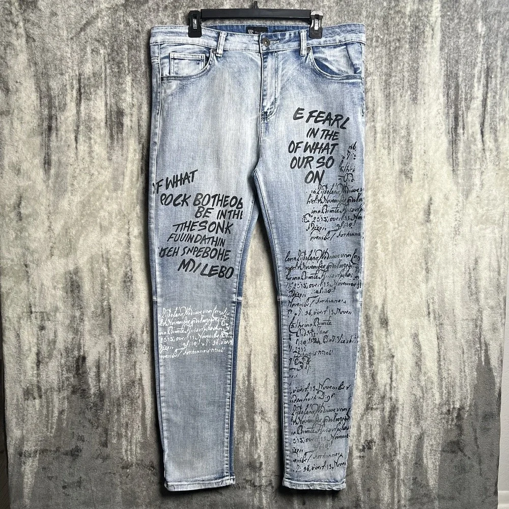 Waimea Moto Skinny Fit Jeans Men's 36x32 Blue Acid Wash Y2K Writing‎ Graffiti